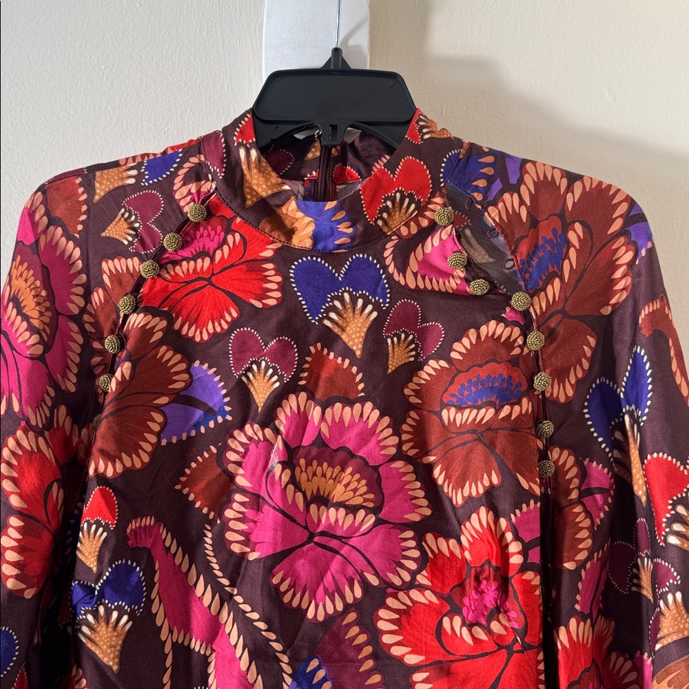 FARM Rio Floral Long Sleeve Dress - Red Brown Purple - Picture 11 of 12